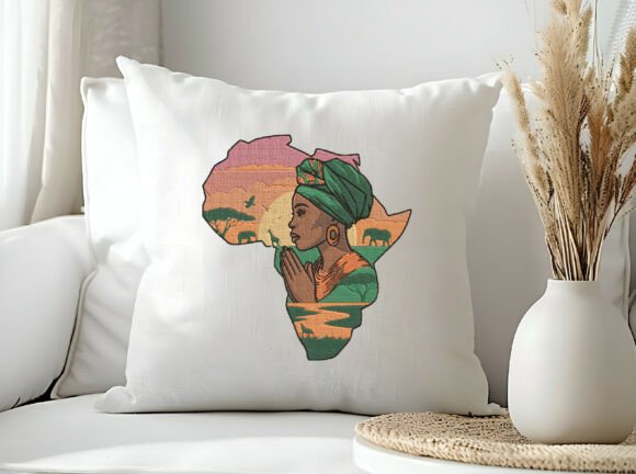 Mujer afroamericana al estilo safari: diseño para bordar en cojines y textiles Mujer afroamericana al estilo safari: diseño para bordar en cojines y textiles