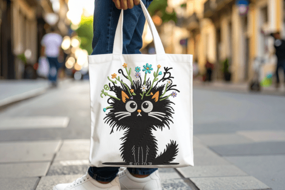 Gata extravagante y sencilla con dibujo floral y flores silvestres