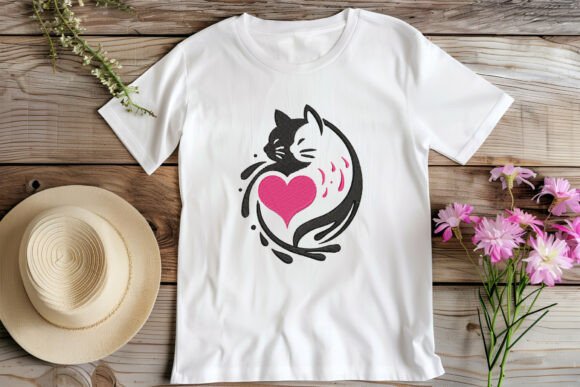 Bordado minimalista con la imagen de un gato y un corazón: diseño sencillo y significativo