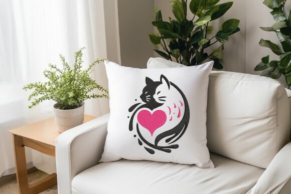 Bordado minimalista con la imagen de un gato y un corazón: diseño sencillo y significativo