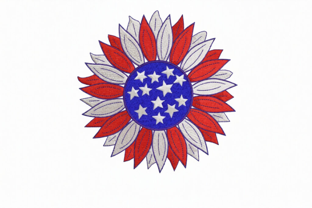 Diseño para bordar «American Pride Sunflower ALREDEDOR DEL MUNDO»: símbolo patriótico para ropa. Diseño para bordar «American Pride Sunflower ALREDEDOR DEL MUNDO»: símbolo patriótico para ropa.