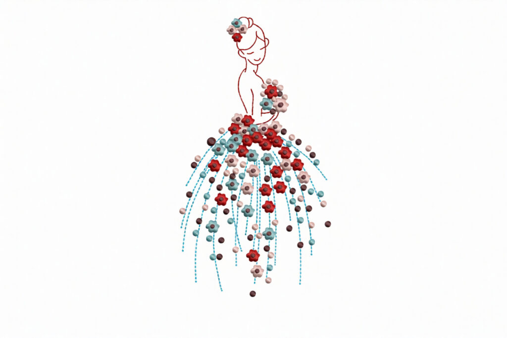 Bordado «Novia con vestido floral»: diseño para proyectos nupciales y decoración al estilo BODAS.