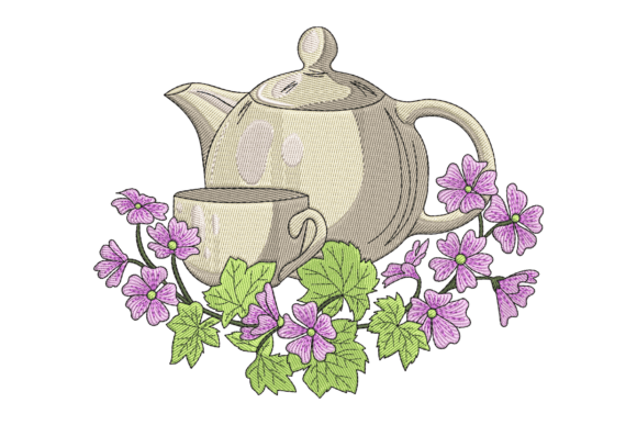 Bordado «Juego de té con flores»: diseño para una decoración encantadora y acogedora al estilo HOGAR Y CASA.