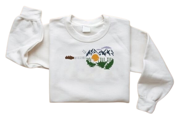 Bordado «Música del atardecer»: diseño para los amantes de la música de guitarra y los paisajes hermosos.