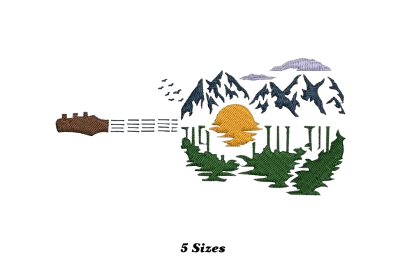 Bordado «Música del atardecer»: diseño para los amantes de la música de guitarra y los paisajes hermosos.