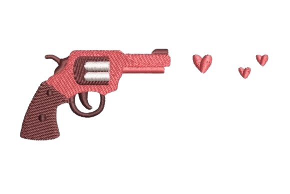 Bordado irónico: pistola que dispara amor. Diseño para el público juvenil BEBÉS Y NIÑOS