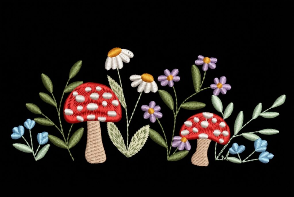 Flores silvestres con setas (Wildflowers with Mushrooms): diseño de bordado rústico y mágico