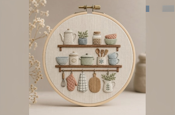 Estante acogedor para la cocina con motivos bordados a mano