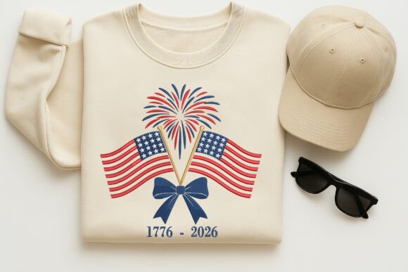Lazo con banderas de EE. UU. y fuegos artificiales 1776-2026
