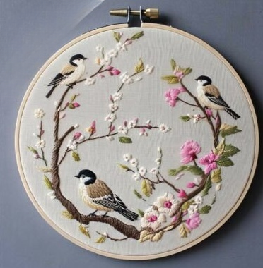 Pájaros y flores: bordado a mano
