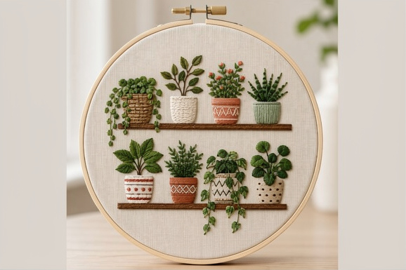 Patrón de bordado a mano de plantas de interior