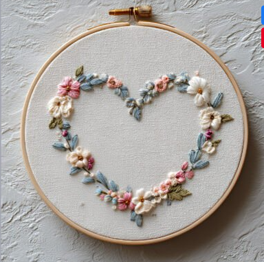 Patrón de bordado de una corona floral con corazones