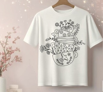 Torre de tazas de té flores, corazones, pájaros